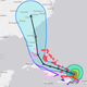 Projection cone for hurricane Irma. Red and pink splotches are areas in which hurricane watches and warnings have been declared. (Image: NOAA)